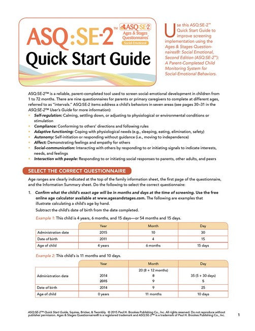 Ages&Stages Questionnaires:Social-Emotional (ASQ:SE-2) Quick Start Guide