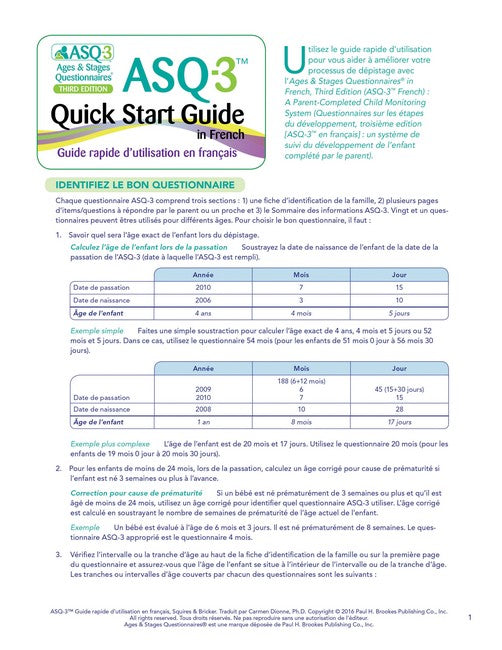 Ages & Stages Questionnaires (R) (ASQ (R)-3): Quick Start Guide (French)